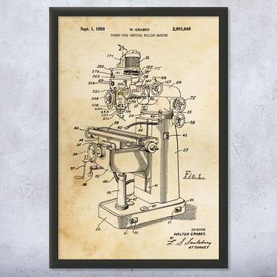 Vertical Milling Machine Patent Wall Art