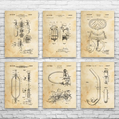 Scuba Diving Patent Wall Art Set of 6